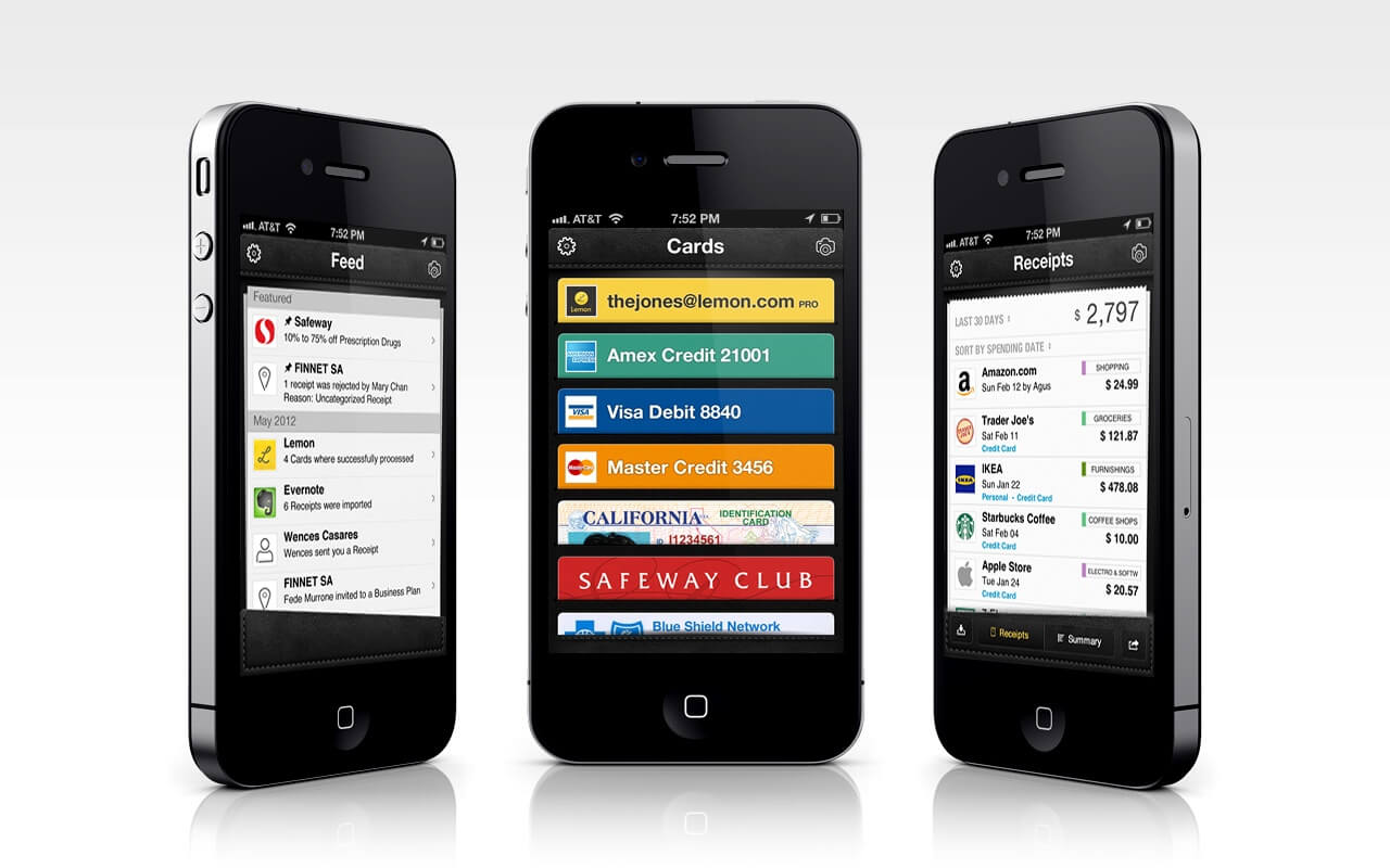 Lemon Wallet — Feed, Cards and Receipts screens