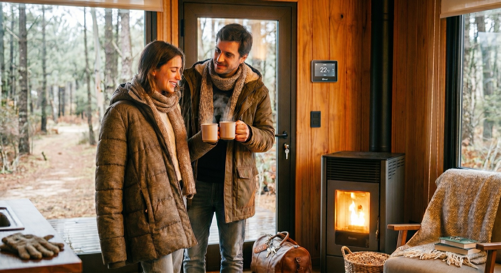 A couple just arrived to a cabin in the woods, holding warm drinks beside a lit stove — a thermostat on the wall shows 22°C