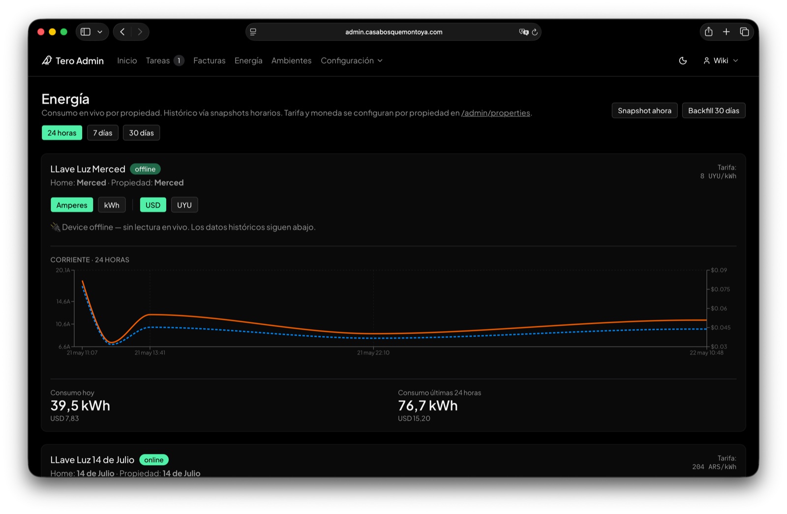 Live energy consumption and cost per property in Tero Admin