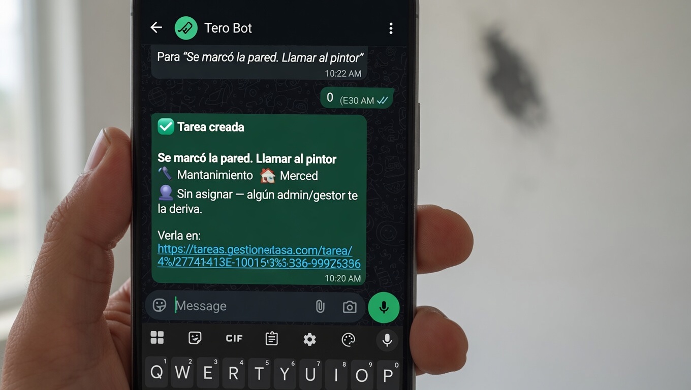 A hand holds a phone showing the Tero Bot WhatsApp chat with the &lsquo;Tarea creada — Se marcó la pared. Llamar al pintor&rsquo; message, with the actual stained wall visible behind