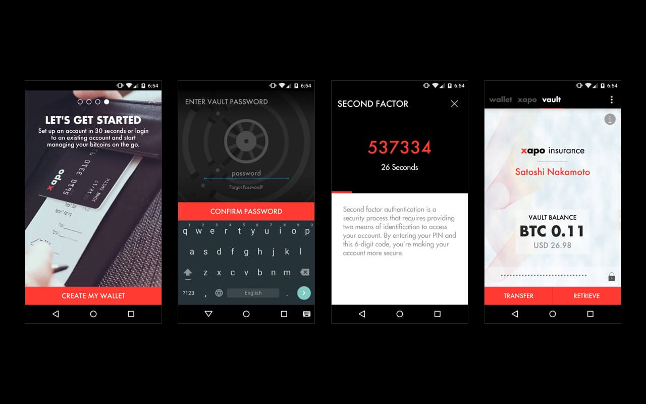 Xapo onboarding and vault screens
