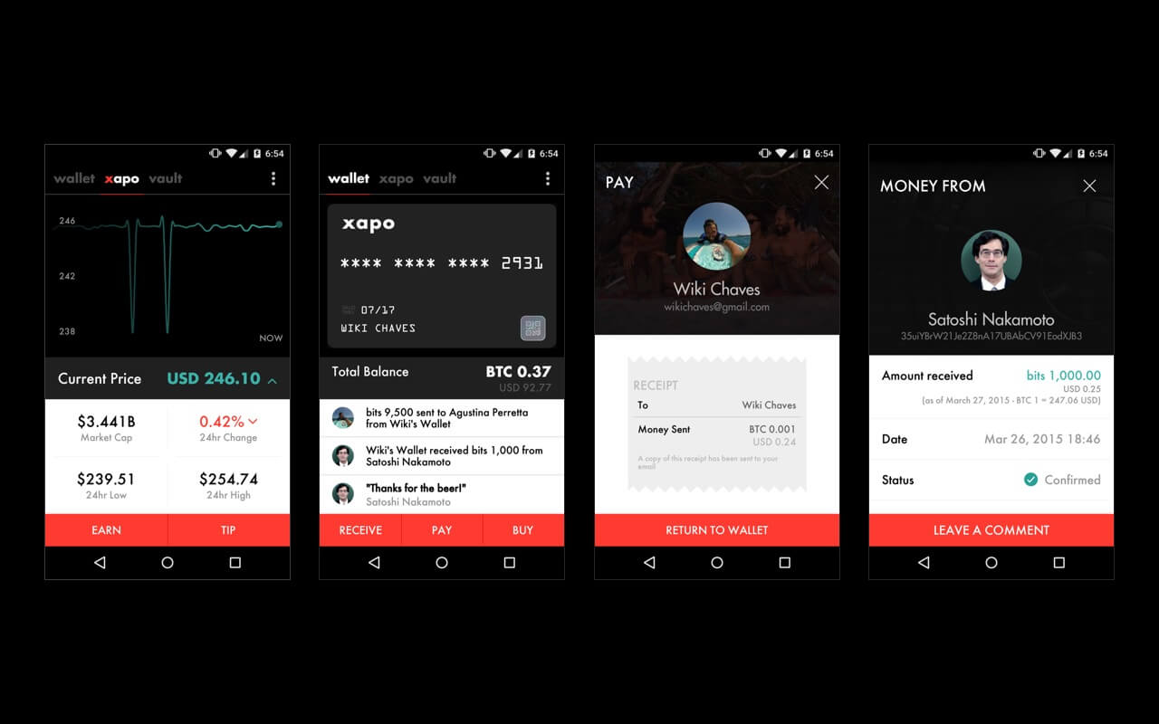 Xapo wallet, card and payment screens